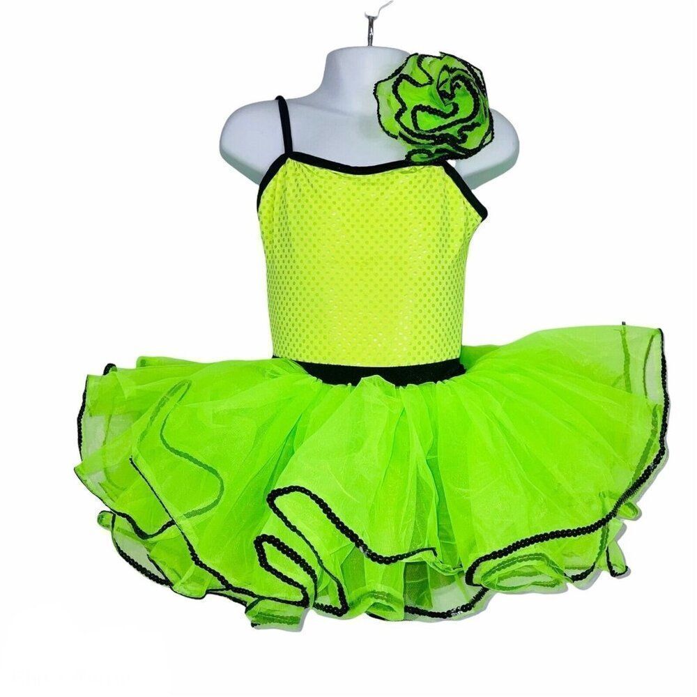 Dansco Girls S Neon Green Leotard Skirt Dance Competition Costume 3 Piece